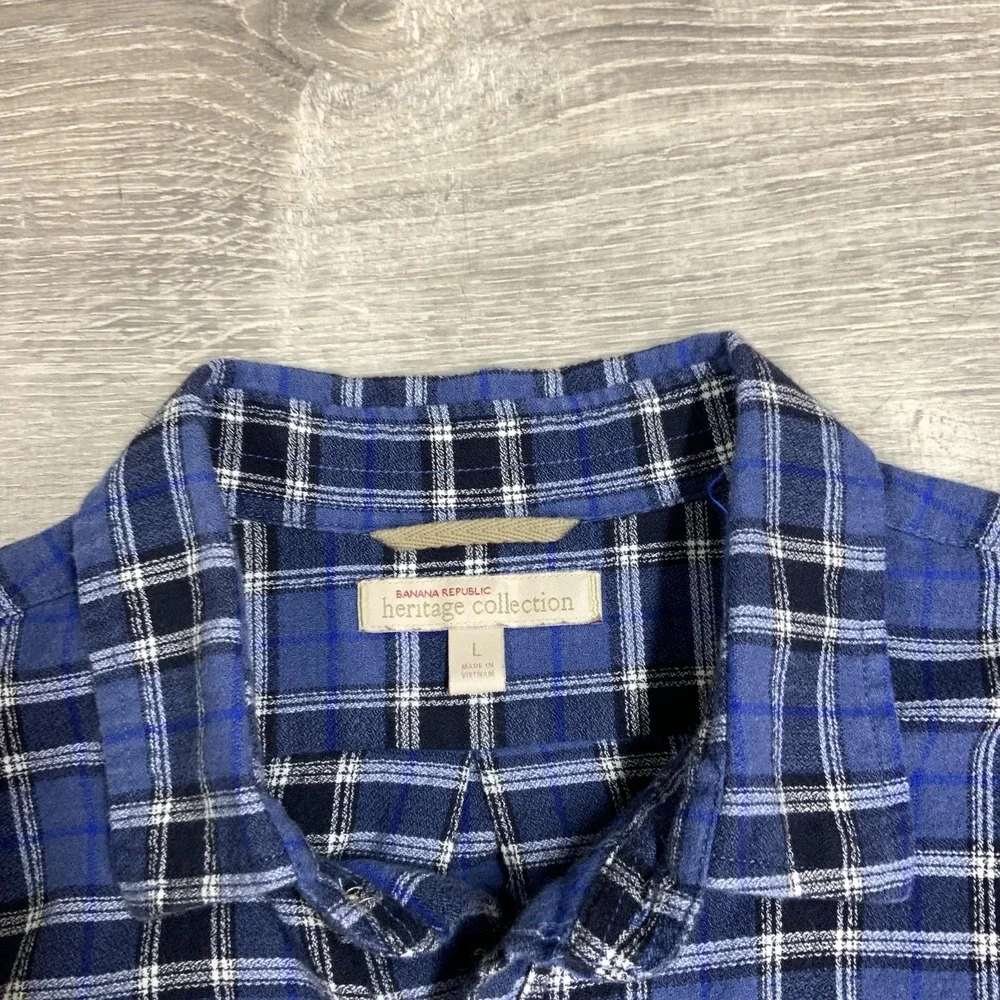 Banana Republic Shirt Mens Large Blue Flannel Plaid Long Sleeve Button‎ Front
